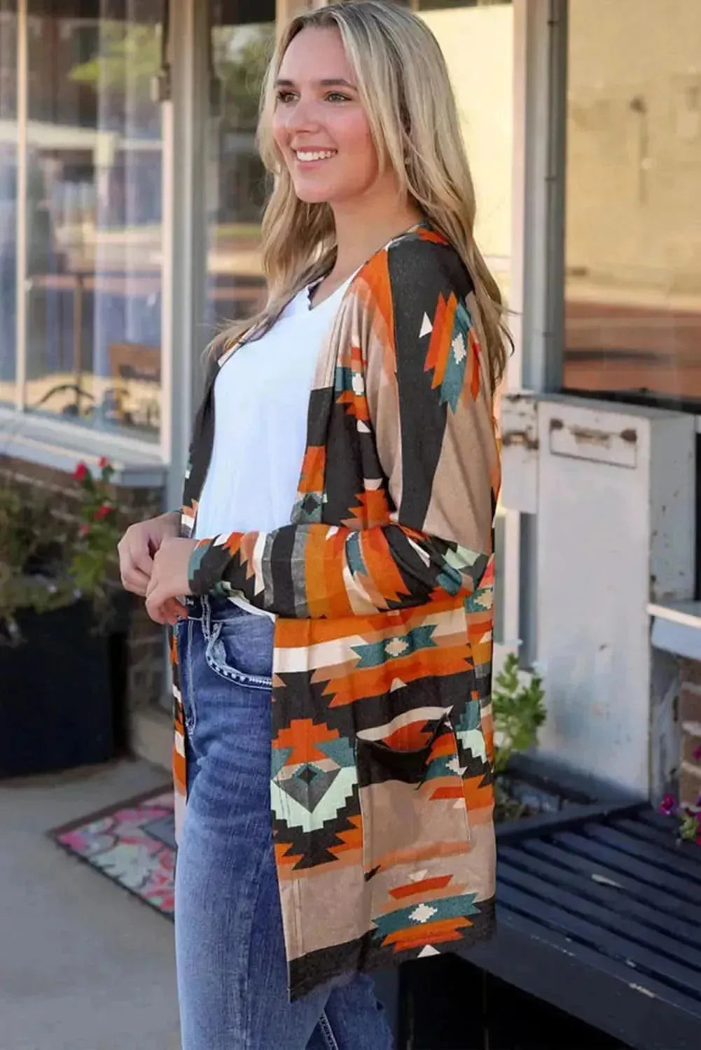 Geometric Open Front Long Sleeve Cardigan with Pockets - Bad Moms Club