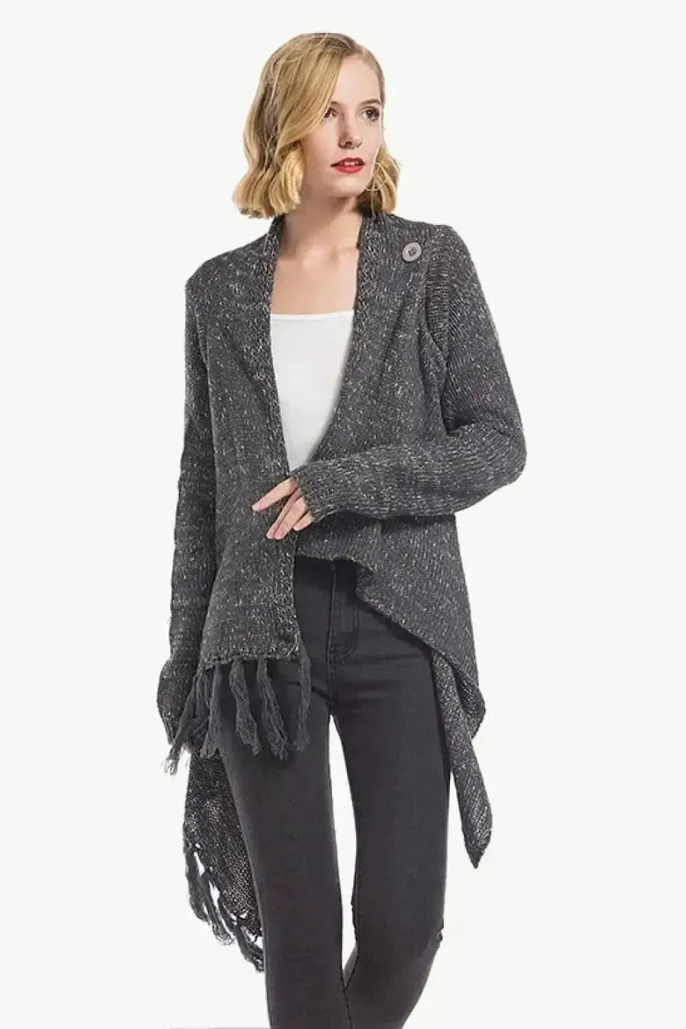 One-Button Tassel Tie Asymmetrical Hem Cardigan - Bad Moms Club