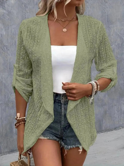 Eyelet Roll-Tab Sleeve Cardigan - Bad Moms Club