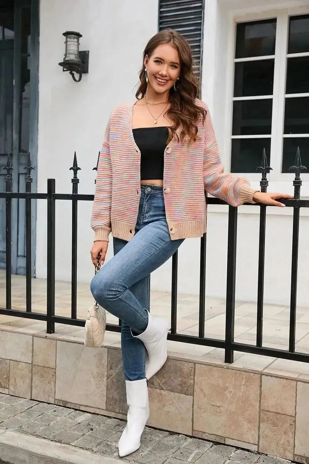 Horizontal Ribbing Button Down Cardigan - Bad Moms Club
