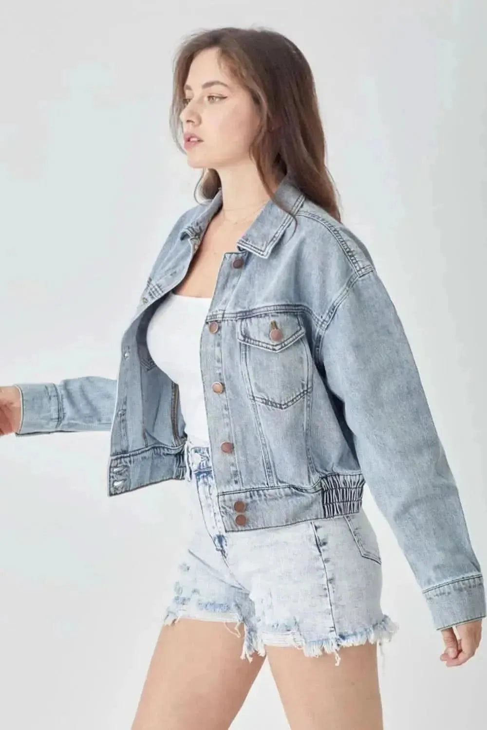 RISEN Full Size Button Down Cropped Denim Jacket - Bad Moms Club