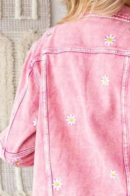 Veveret Daisy Print Button Up Denim Jacket - Bad Moms Club