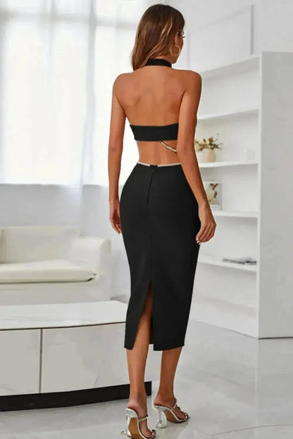 Rhinestone Halter Neck Cutout Slit Midi Dress - Bad Moms Club