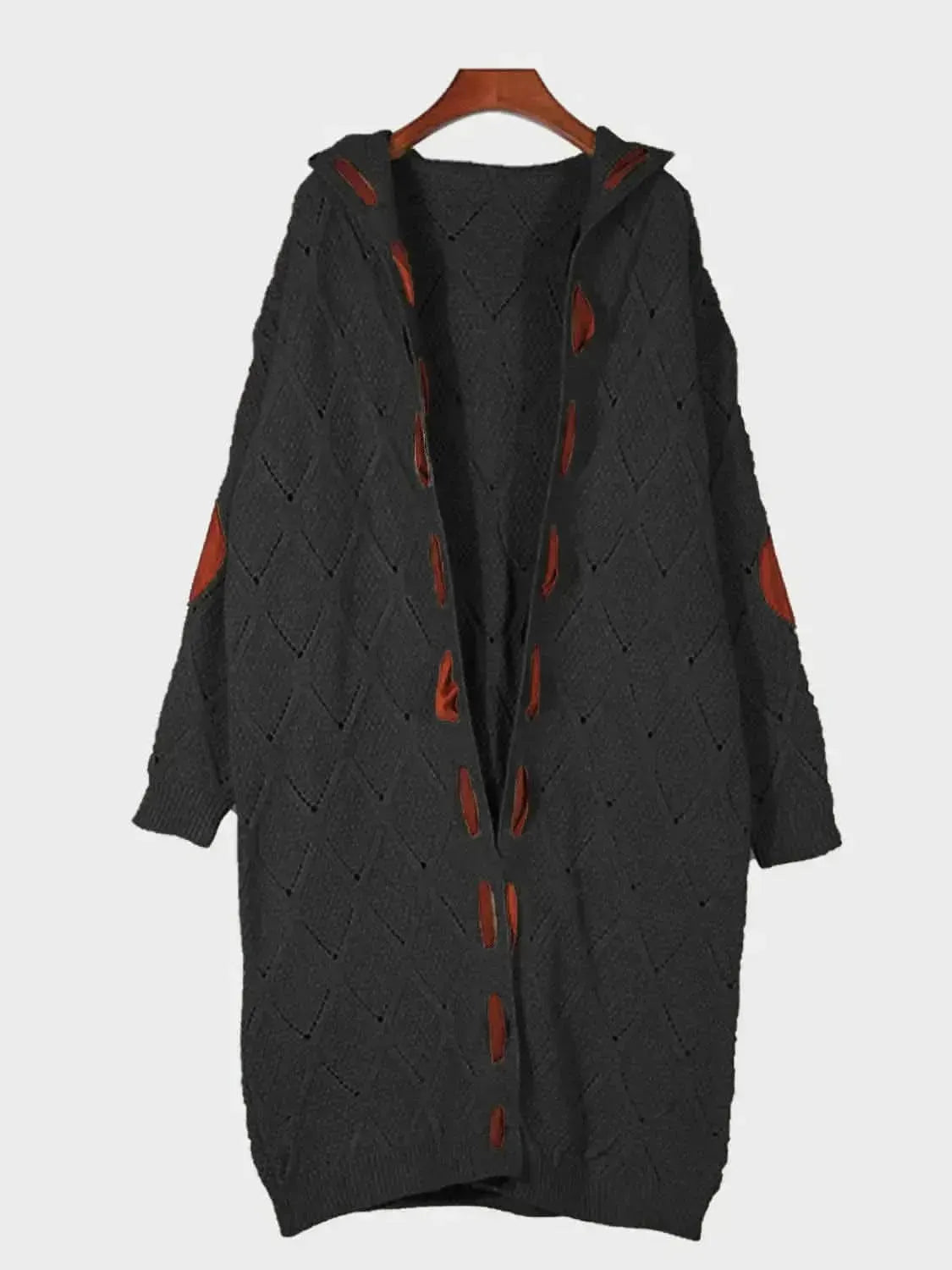 Openwork Long Sleeve Open Front Hooded Cardigan - Bad Moms Club