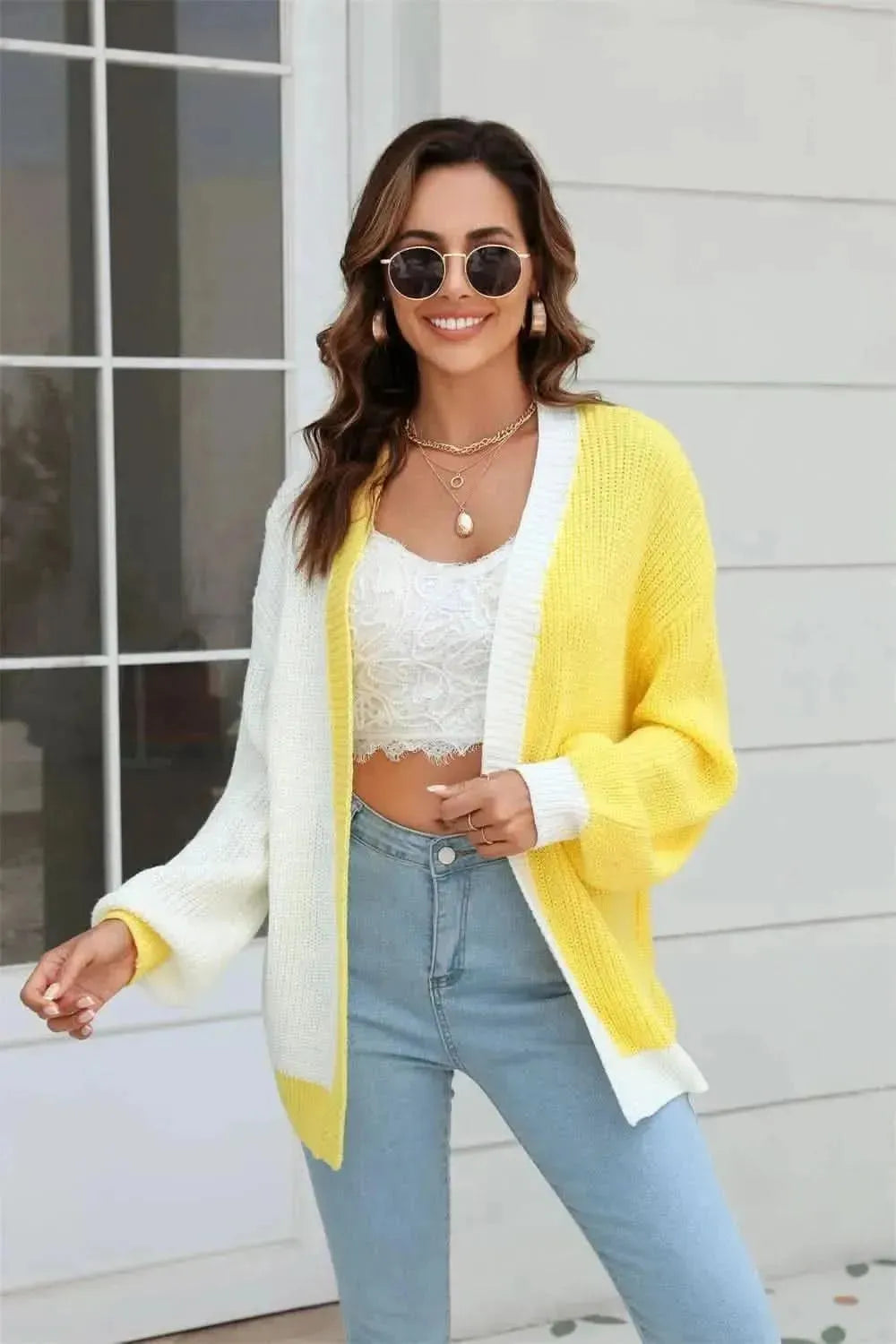 Open Front Contrast Color Balloon Sleeve Cardigan - Bad Moms Club