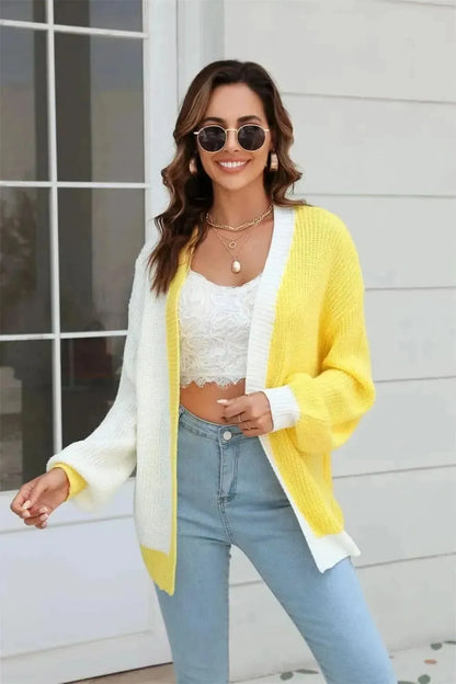Open Front Contrast Color Balloon Sleeve Cardigan - Bad Moms Club