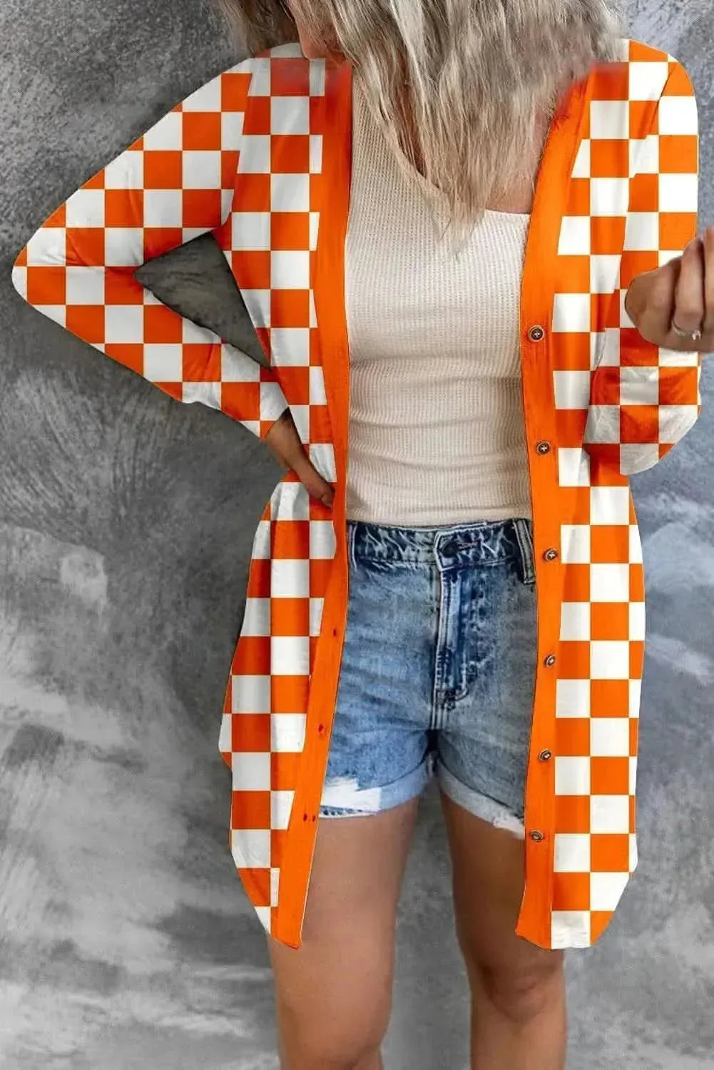 Checkered Button Up Long Cardigan - Bad Moms Club