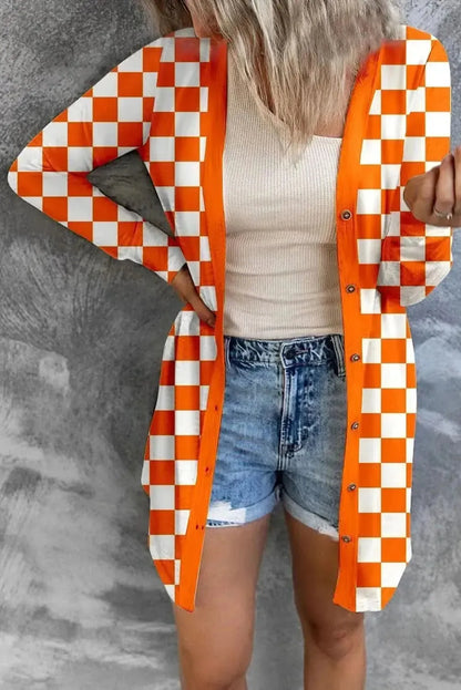 Checkered Button Up Long Cardigan - Bad Moms Club