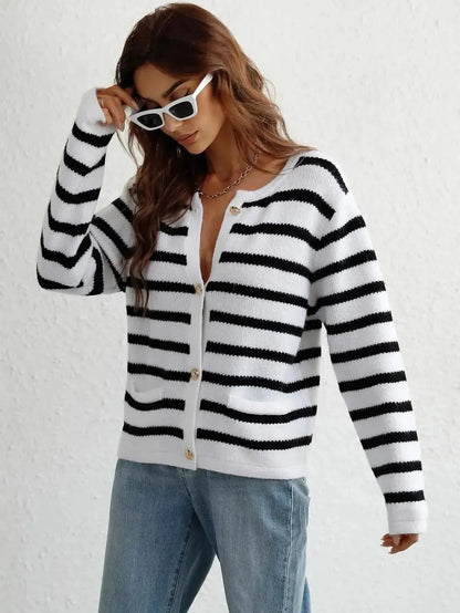 Woven Right Striped Button Front Cardigan - Bad Moms Club