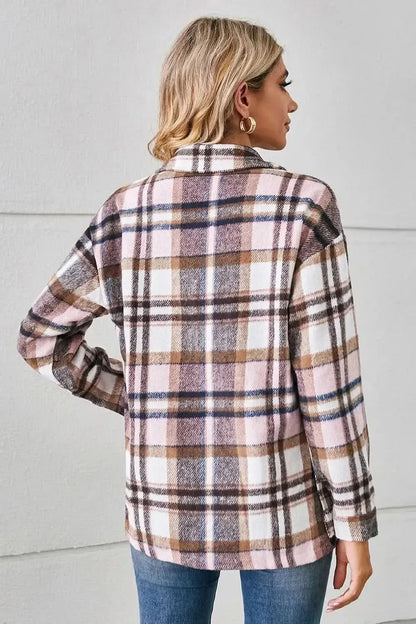 Button Down Collared Plaid Shacket - Bad Moms Club