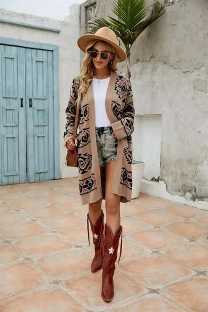 Pocketed Geometric Open Front Dropped Shoulder Cardigan - Bad Moms Club
