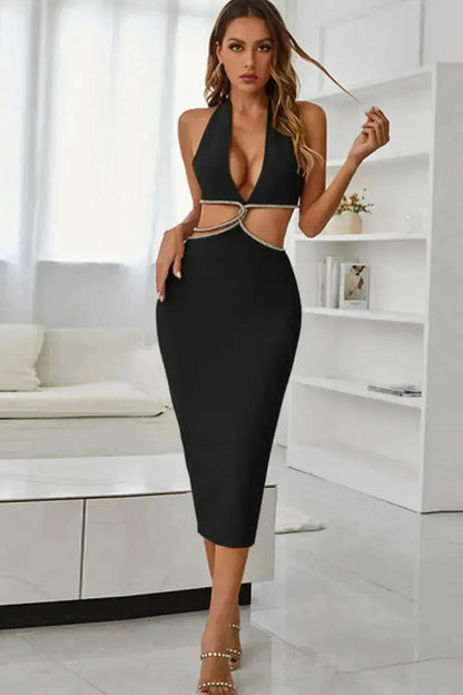Rhinestone Halter Neck Cutout Slit Midi Dress - Bad Moms Club