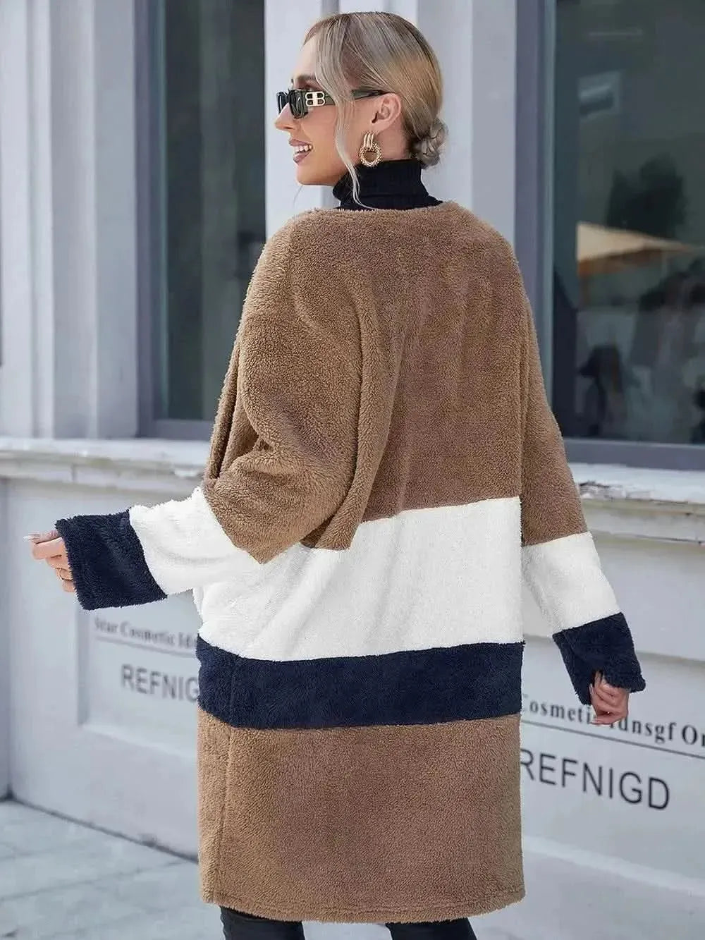 Tricolor Open Front Fuzzy Longline Cardigan - Bad Moms Club
