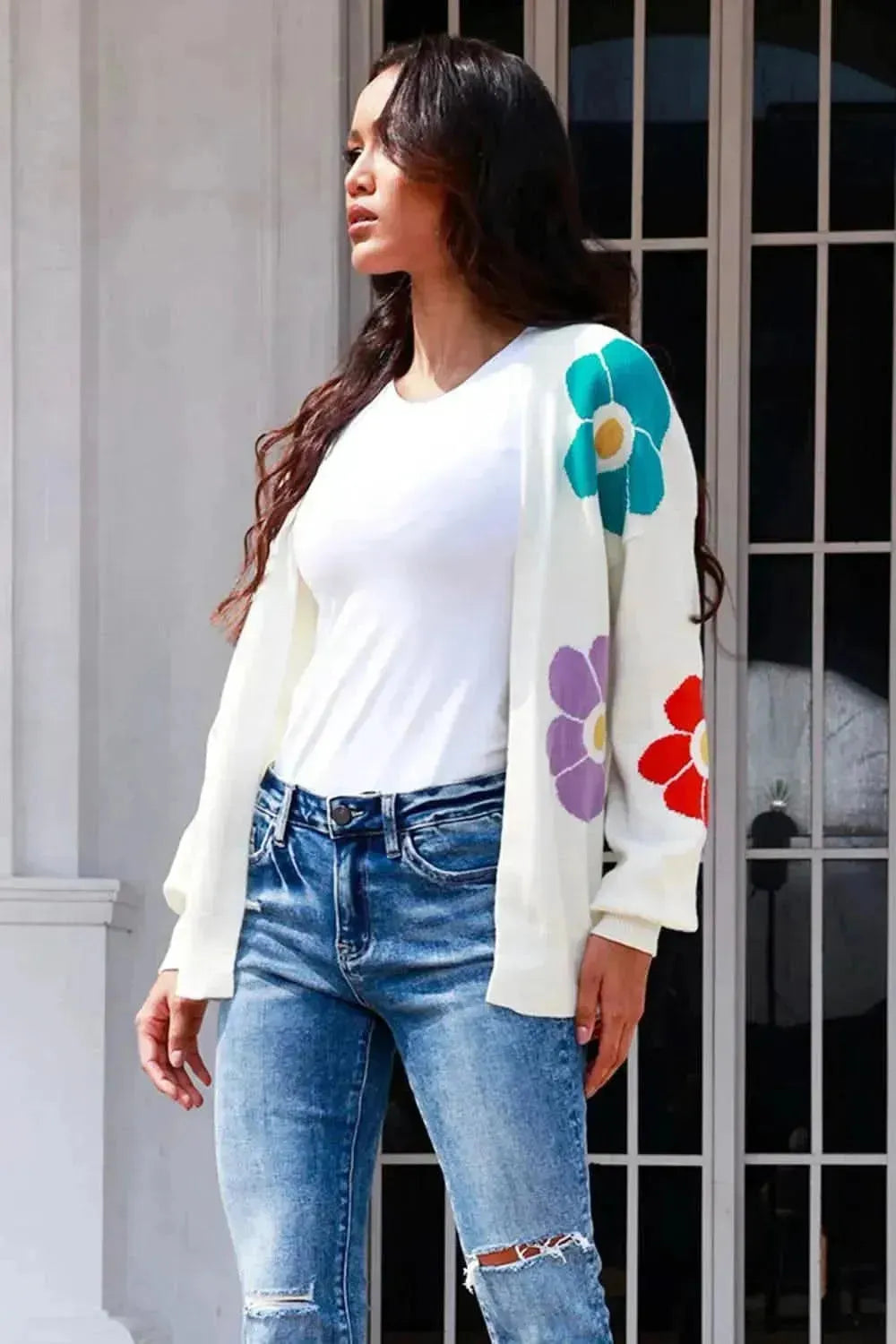 Flower Pattern Open Front Long Sleeve Cardigan - Bad Moms Club