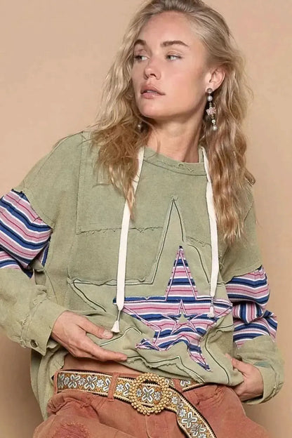 POL Star Patchwork Raw Edge French Terry Hoodie - Bad Moms Club