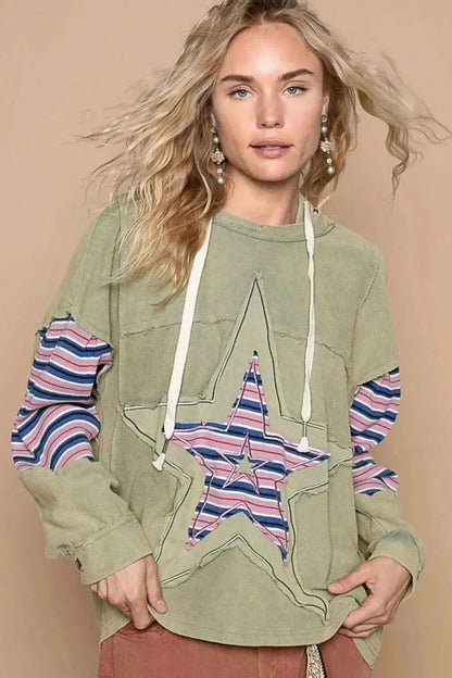 POL Star Patchwork Raw Edge French Terry Hoodie - Bad Moms Club