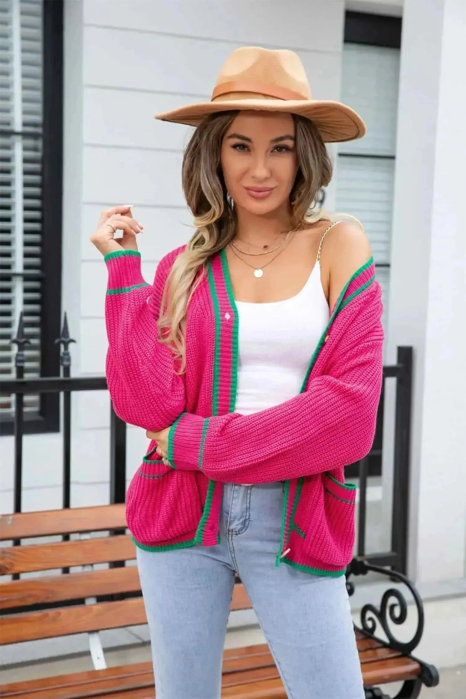 Waffle Knit V-Neck Cardigan with Pocket - Bad Moms Club