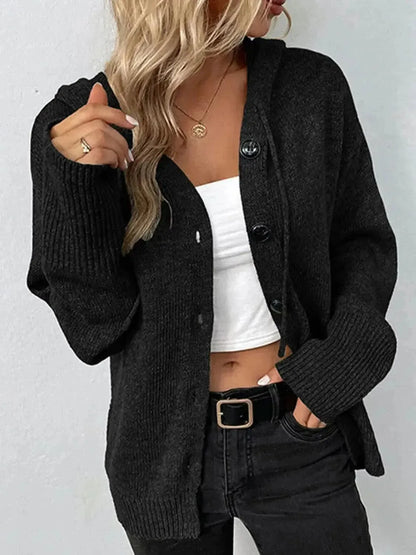 Drawstring Button Up Hooded Cardigan - Bad Moms Club