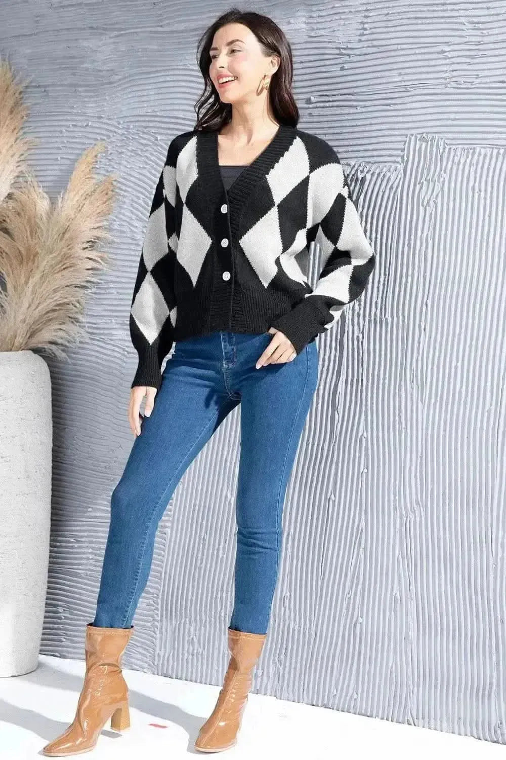 Geometric Button Up Dropped Shoulder Cardigan - Bad Moms Club