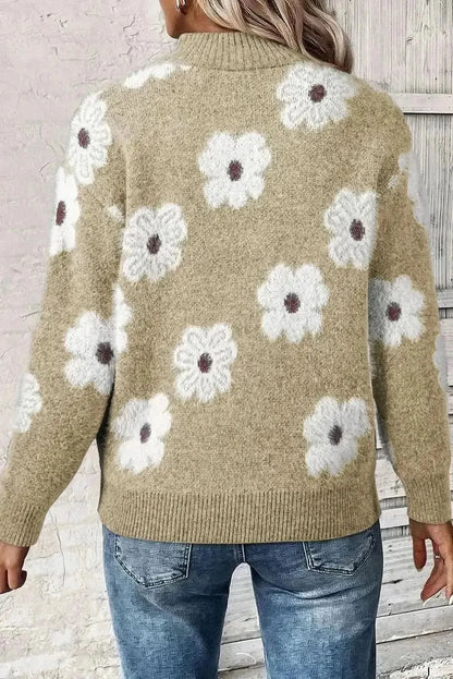 Flower Half Zip Long Sleeve Sweater - Bad Moms Club