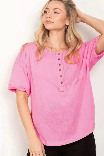 VERY J Twisted Sleeve Band Half Button Top - Bad Moms Club