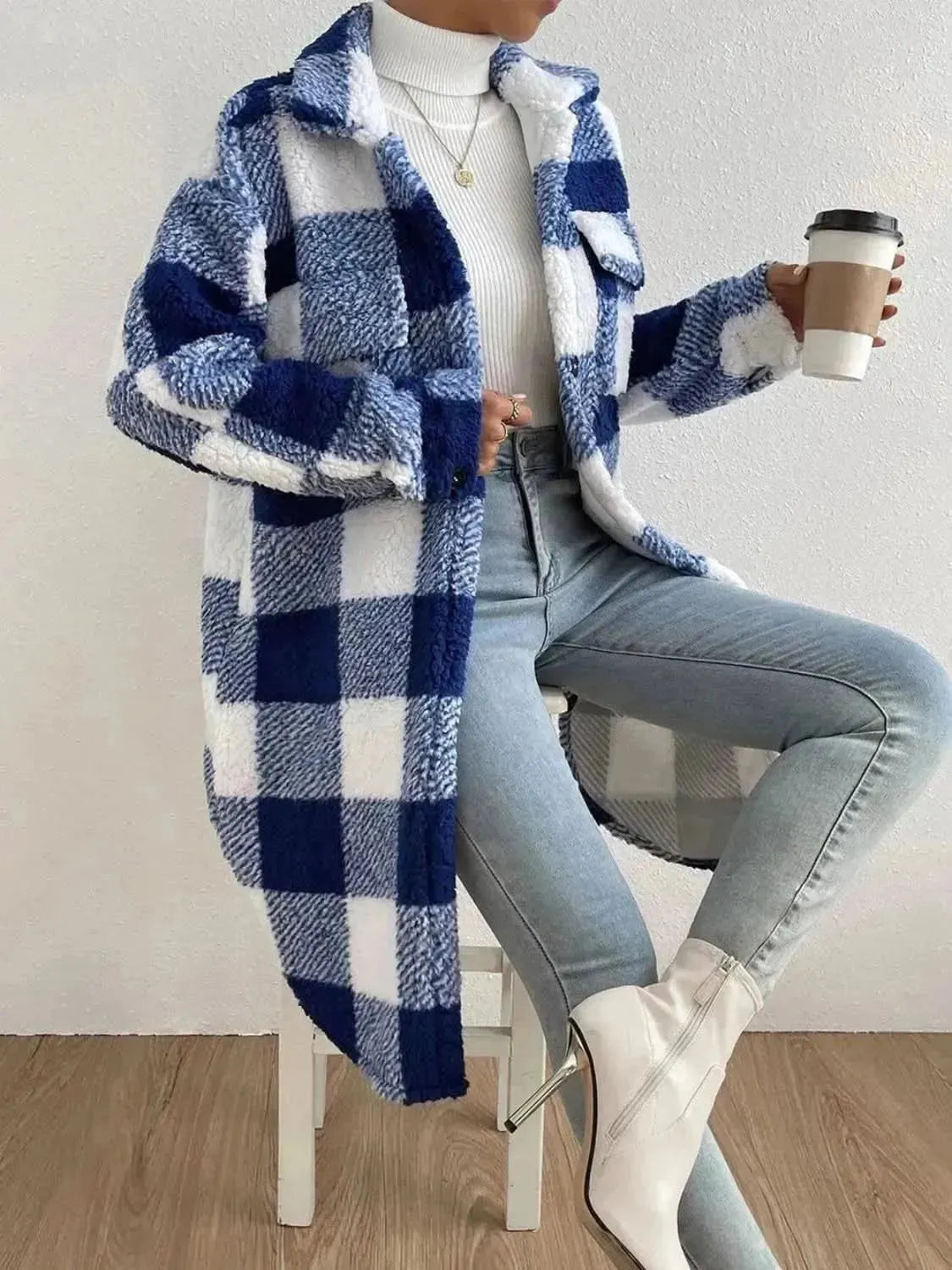 Plaid Collared Neck Button Down Coat - Bad Moms Club