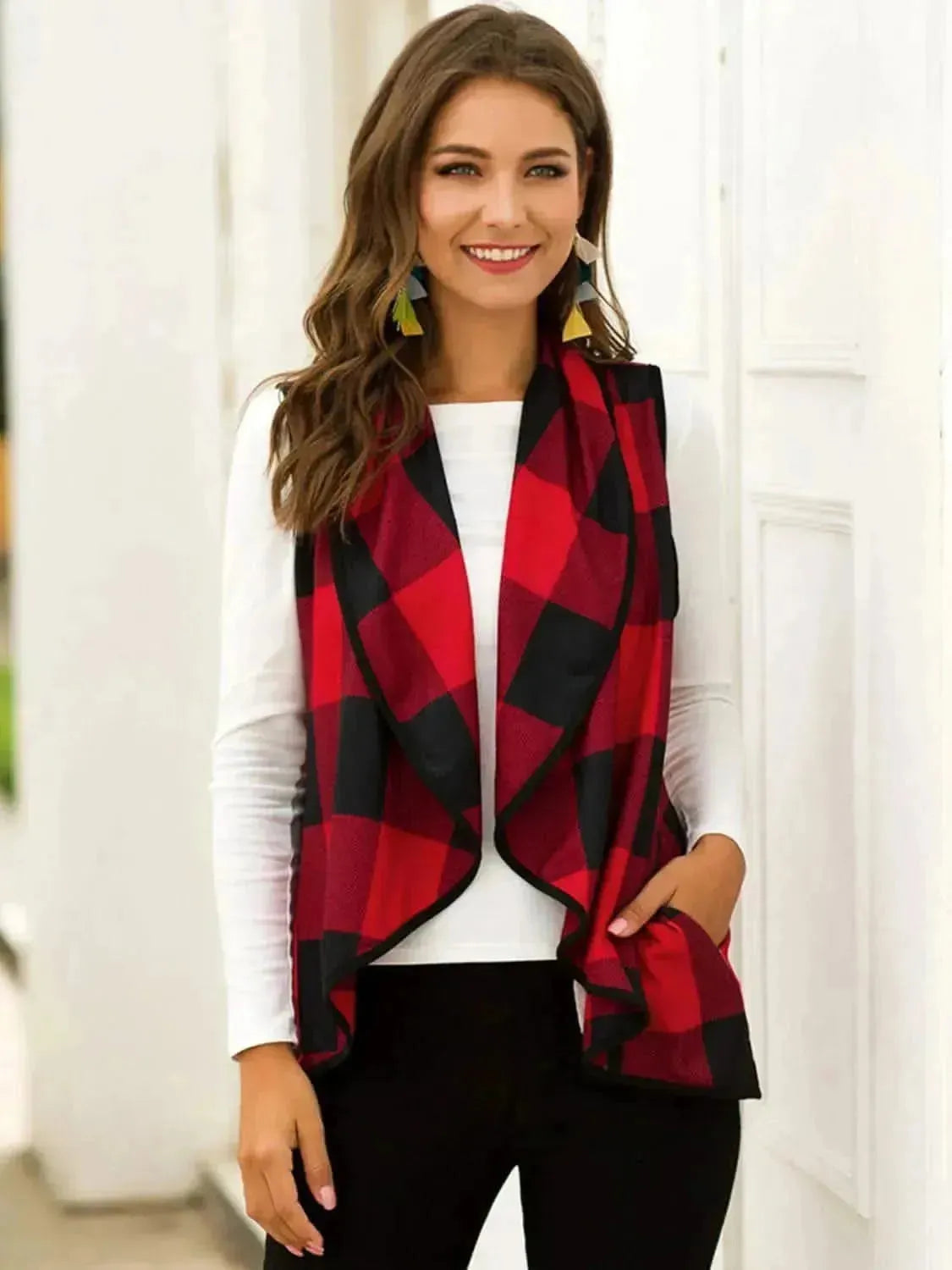 Plaid Open Front Sleeveless Cardigan - Bad Moms Club