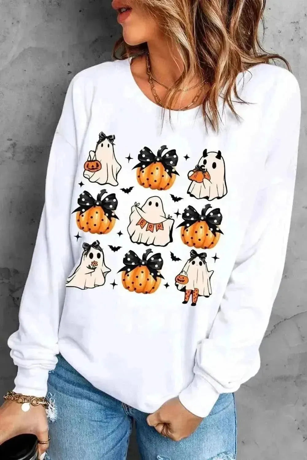 Pumpkin & Ghost Round Neck Long Sleeve Sweatshirt - Bad Moms Club