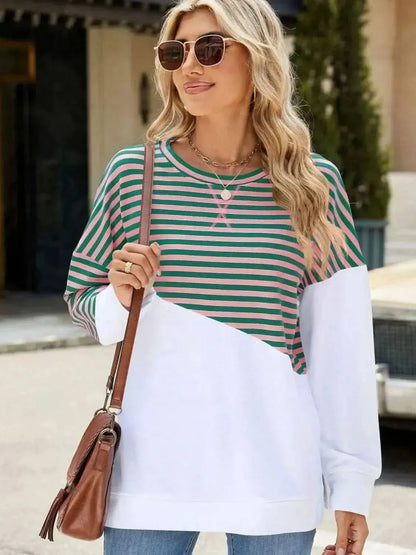 Slit Contrast Striped Long Sleeve Sweatshirt - Bad Moms Club