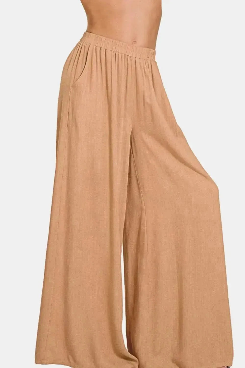 Zenana Pleated Linen Blend Wide Leg Pants - Bad Moms Club