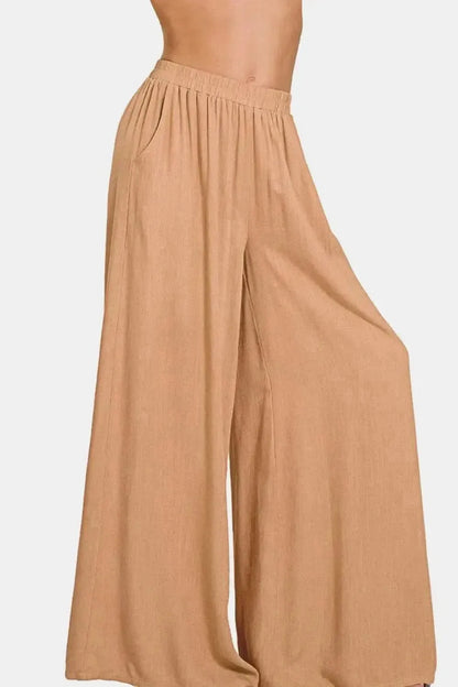 Zenana Pleated Linen Blend Wide Leg Pants - Bad Moms Club