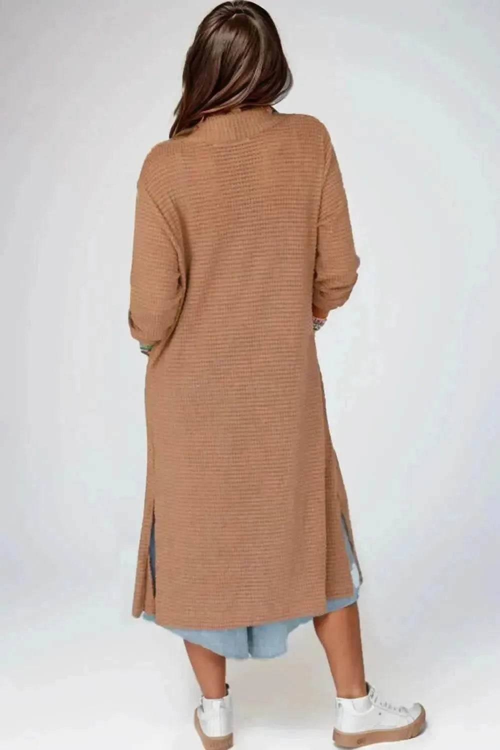Open Front Long Sleeve Longline Slit Cardigan - Bad Moms Club