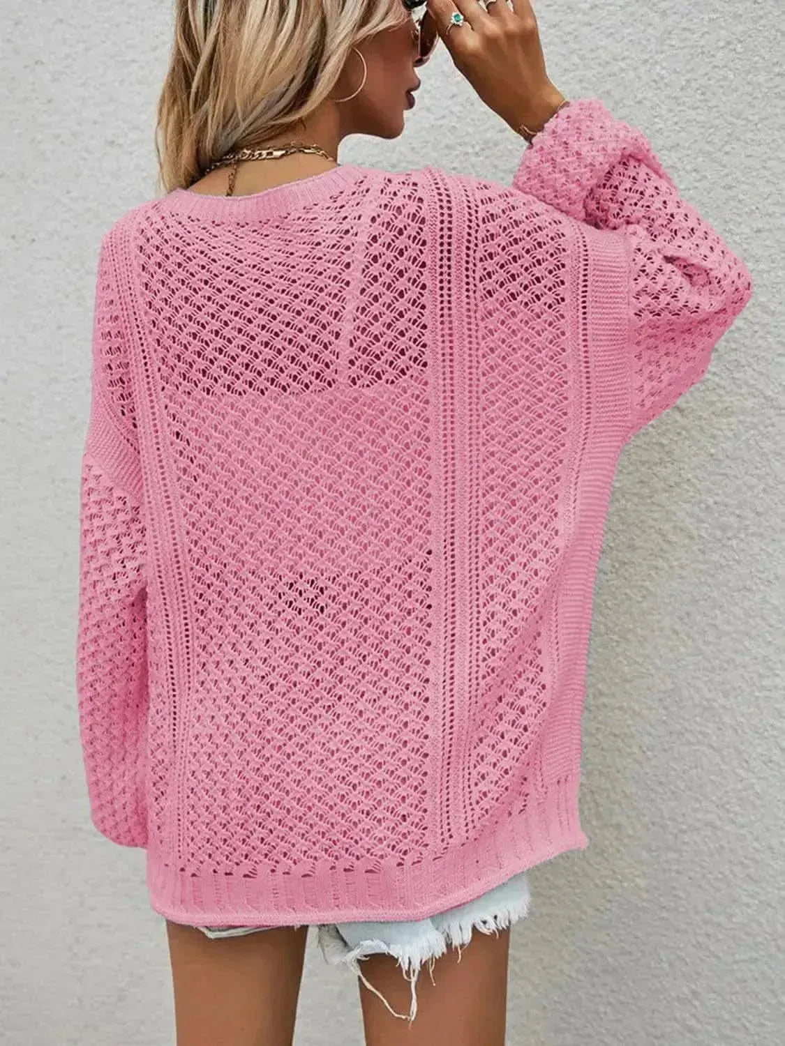 Openwork Button Front Cardigan - Bad Moms Club