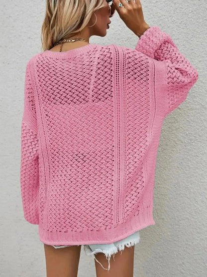 Openwork Button Front Cardigan - Bad Moms Club