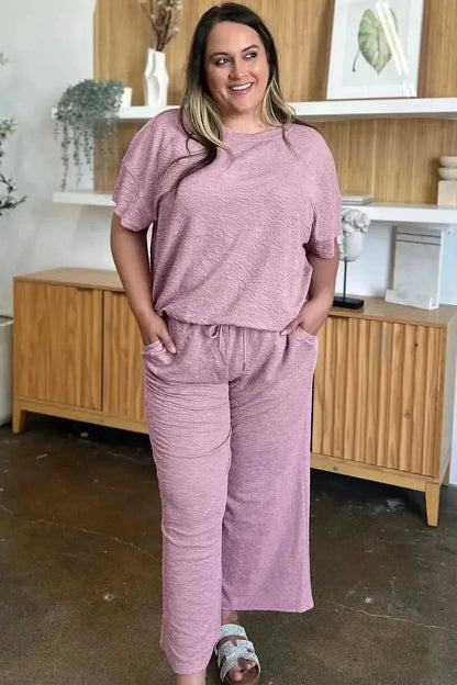 Double Take Full Size Texture Short Sleeve Top and Pants Set - Bad Moms Club