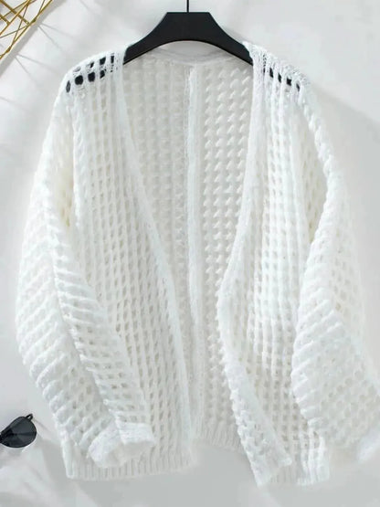 Openwork Open Front Long Sleeve Cardigan - Bad Moms Club