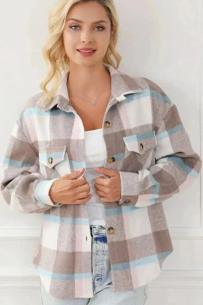 Pocketed Plaid Collared Neck Jacket - Bad Moms Club