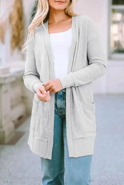 Pocketed Open Front Long Sleeve Cardigan - Bad Moms Club