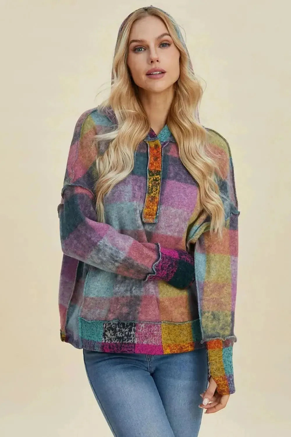 Double Take Full Size Plaid Dropped Shoulder Fleece Hoodie - Bad Moms Club
