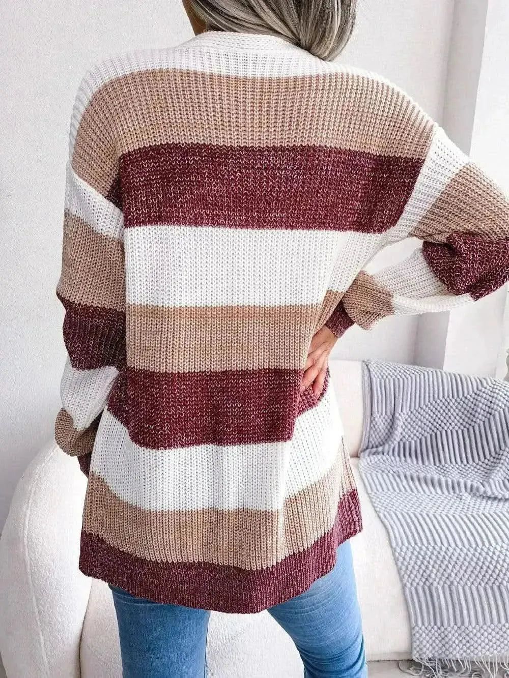 Striped Rib-Knit Open Front Longline Cardigan - Bad Moms Club