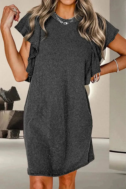 Textured Ruffled Round Neck Cap Sleeve Dress - Bad Moms Club