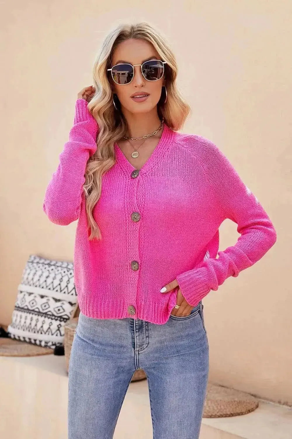 Button Up V-Neck Long Sleeve Cardigan - Bad Moms Club
