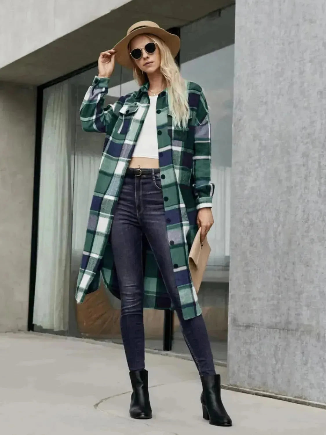 Plaid Pocketed Button Up Trench Coat - Bad Moms Club