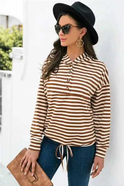 Striped Half-Button Dropped Shoulder Hoodie - Bad Moms Club