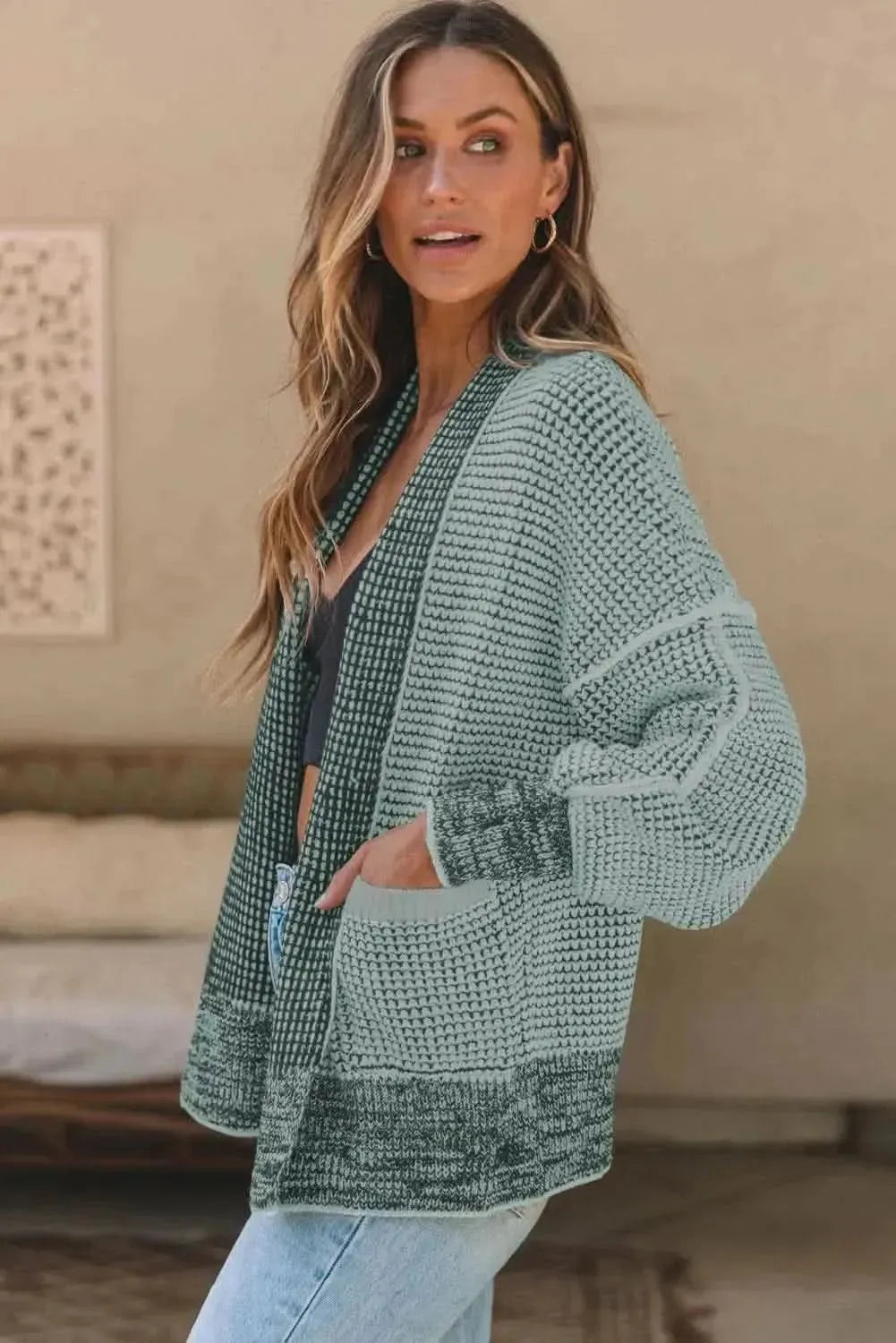Waffle-knit Pocketed Open Front Cardigan - Bad Moms Club
