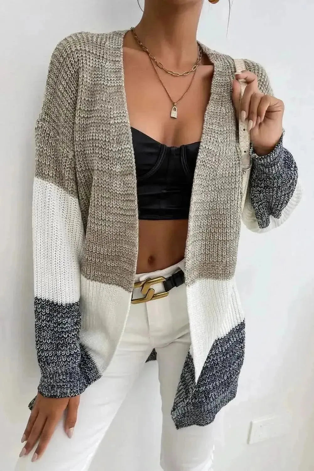 Tricolor Color Block Open Front Cardigan - Bad Moms Club