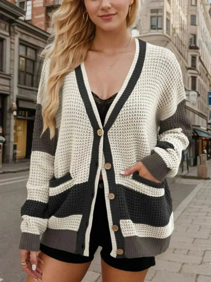 Contrast Button Up Long Sleeve Cardigan - Bad Moms Club