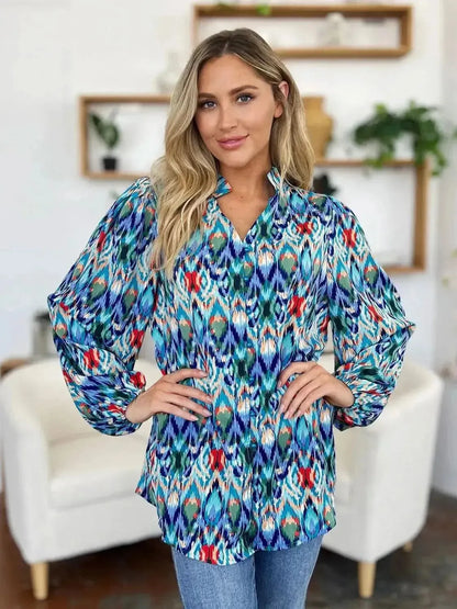 Double Take Full Size Printed Balloon Sleeve Blouse - Bad Moms Club