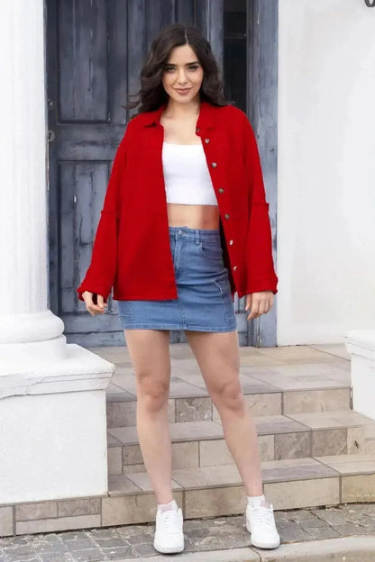Raw Hem Pocketed Collared Neck Denim Jacket - Bad Moms Club