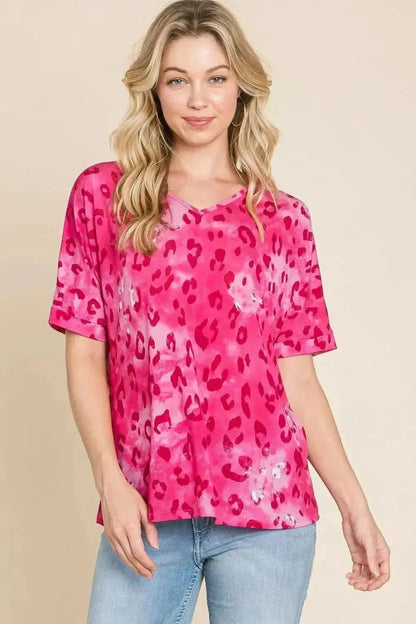 BOMBOM Leopard V-Neck Short Sleeve T-Shirt - Bad Moms Club
